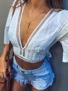Choies White Plunge Embroidery Panel Cut Out Detail Crop Blouse