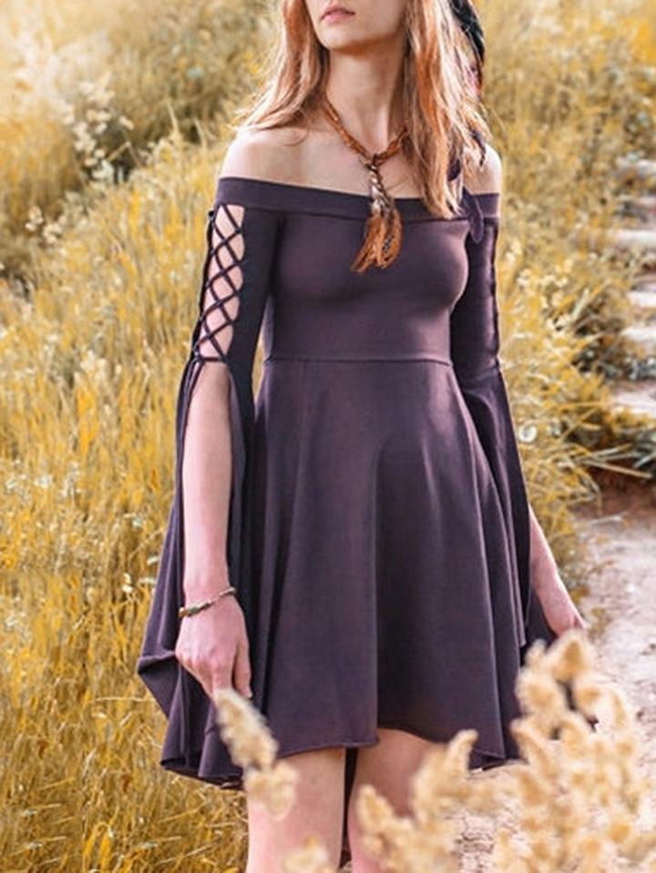 Choies Purple Off Shoulder Lace Up Cuff Long Sleeve Hi-lo Mini Dress