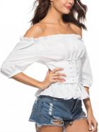 Choies White Off Shoulder Eyelet Lace Up Front Frill Trim Blouse