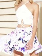Choies White Floral Print Lace Up Front Cross Strap Back Mini Dress