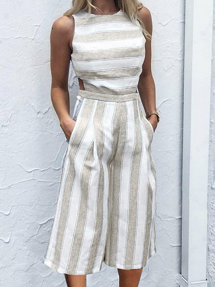 Choies Khaki Stripe Cut Out Back Jumpsuit