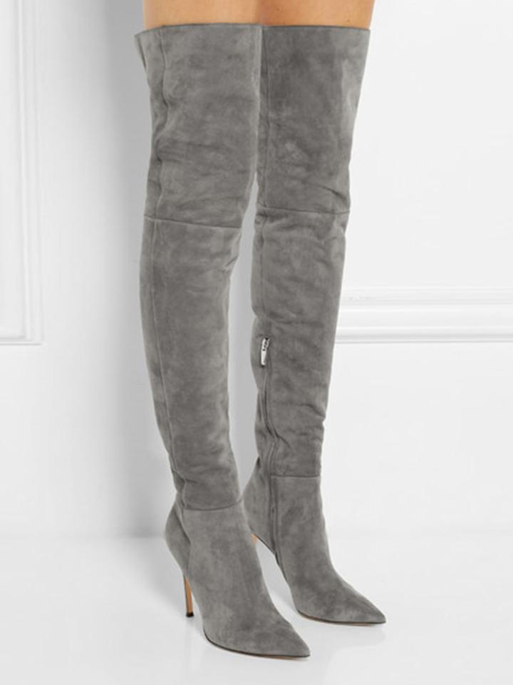 Choies Gray Suedette Split Back Heeled Over The Knee Boots