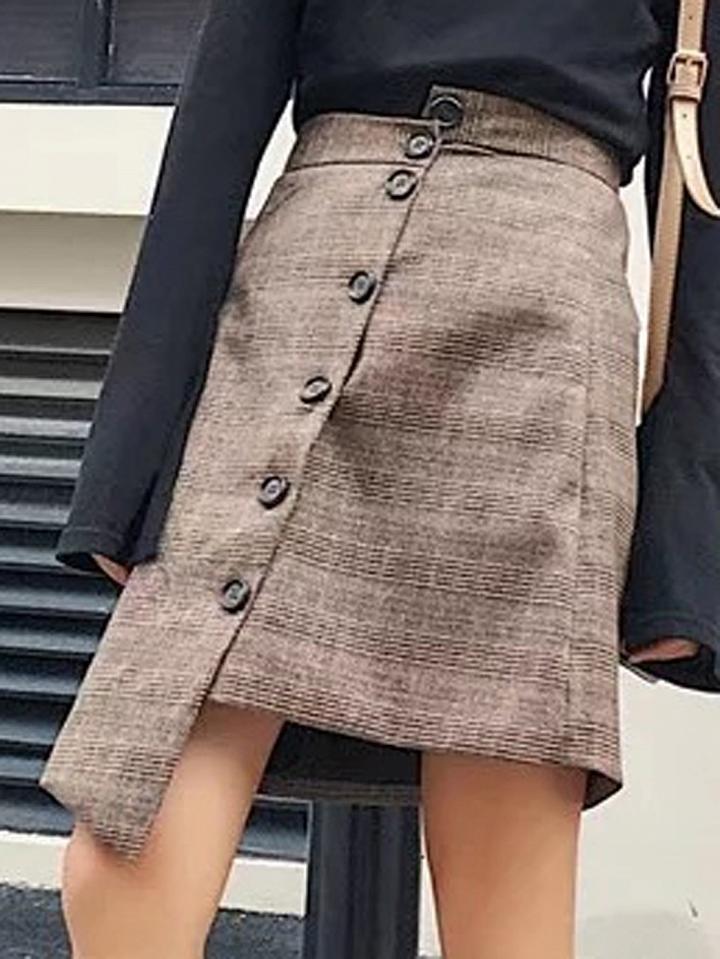 Choies Khaki Plaid High Waist Asymmetric Hem Button Front Skirt