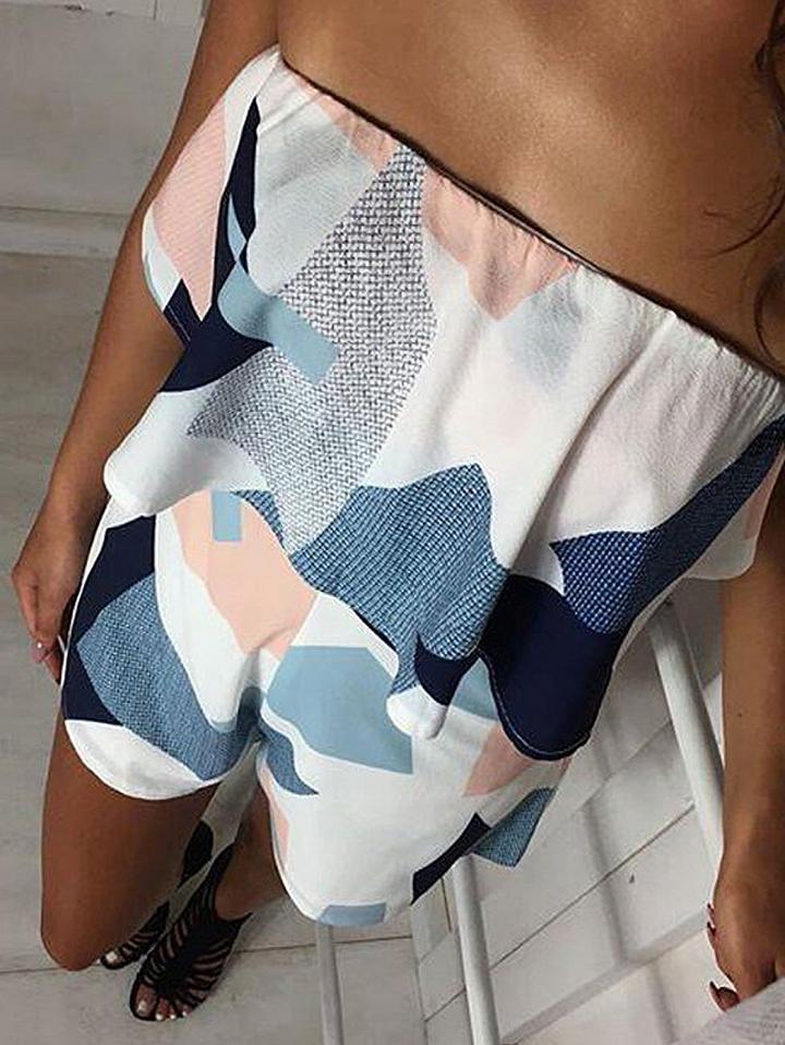 Choies Polychrome Color Block Geometric Print Bandeau Ruffle Romper Playsuit