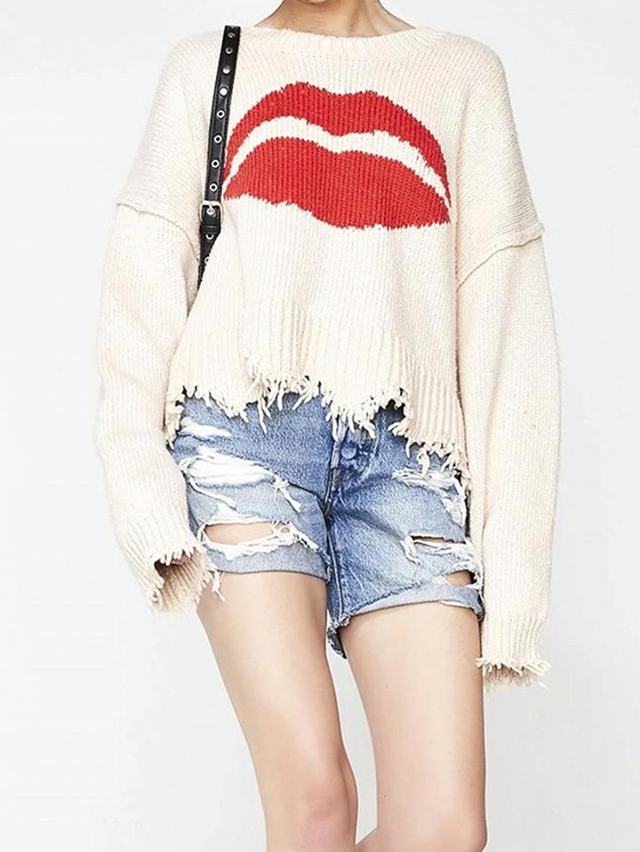 Choies Beige Mouth Print Long Sleeve Chic Women Knit Sweater