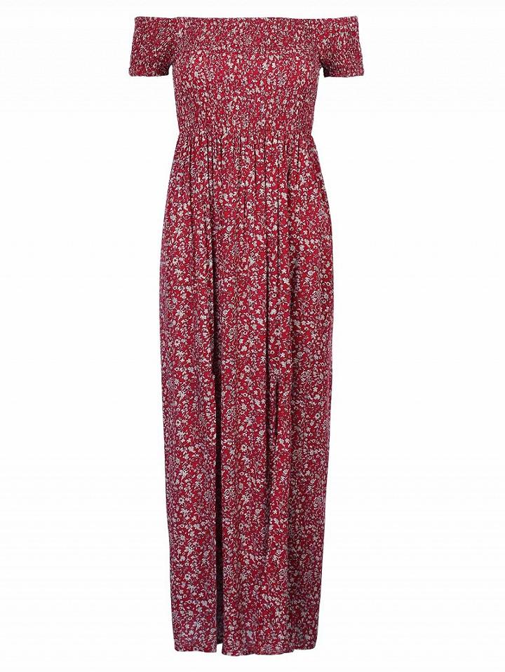 Choies Red Off Shoulder Split Side Floral Maxi Dress