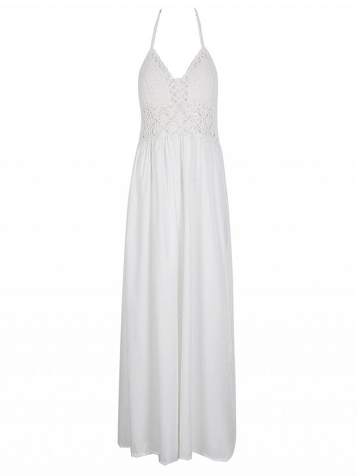 Choies White Halter Crochet Panel Open Back Maxi Dress