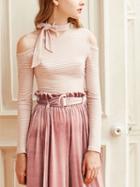 Choies Pink Stripe Cold Shoulder Tie Neck Long Sleeve T-shirt