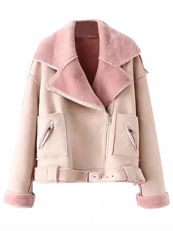 Choies Pink Lapel Suedette Faux Fur Lining Biker Jacket