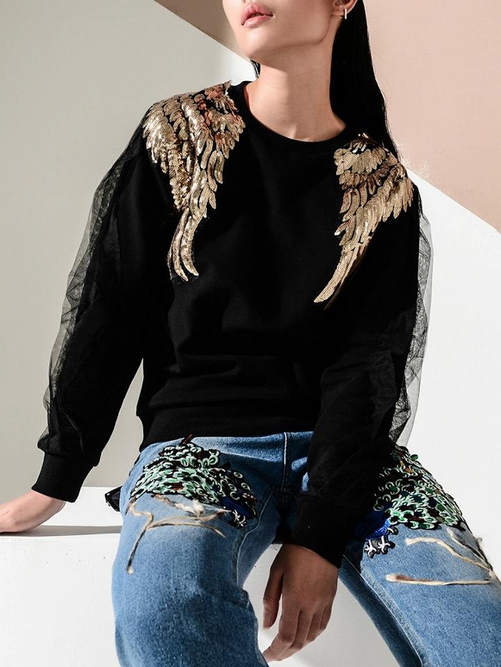 Choies Black Wing Sequin Detail Mesh Panel Sweatshirt