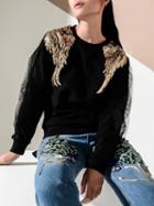 Choies Black Wing Sequin Detail Mesh Panel Sweatshirt