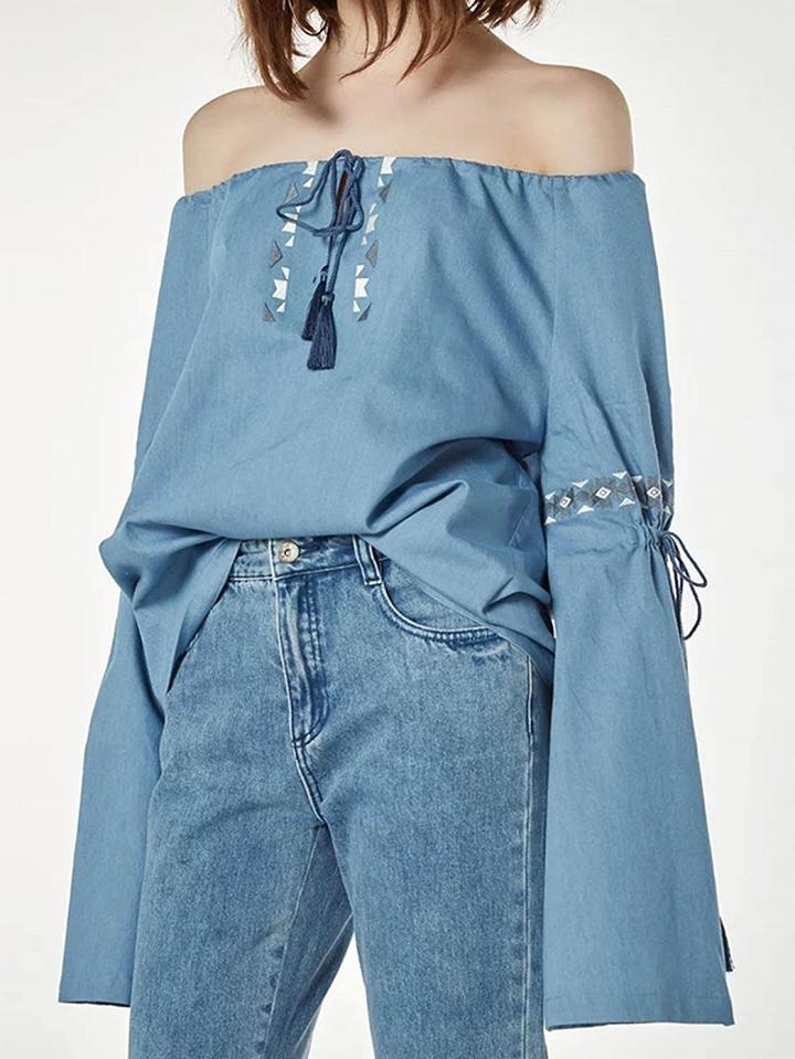 Choies Blue Off Shoulder Embroidery Detail Tie Front Flared Sleeve Blouse
