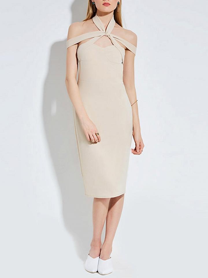 Choies Beige Halter Cross Front Bodycon Midi Dress