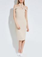 Choies Beige Halter Cross Front Bodycon Midi Dress