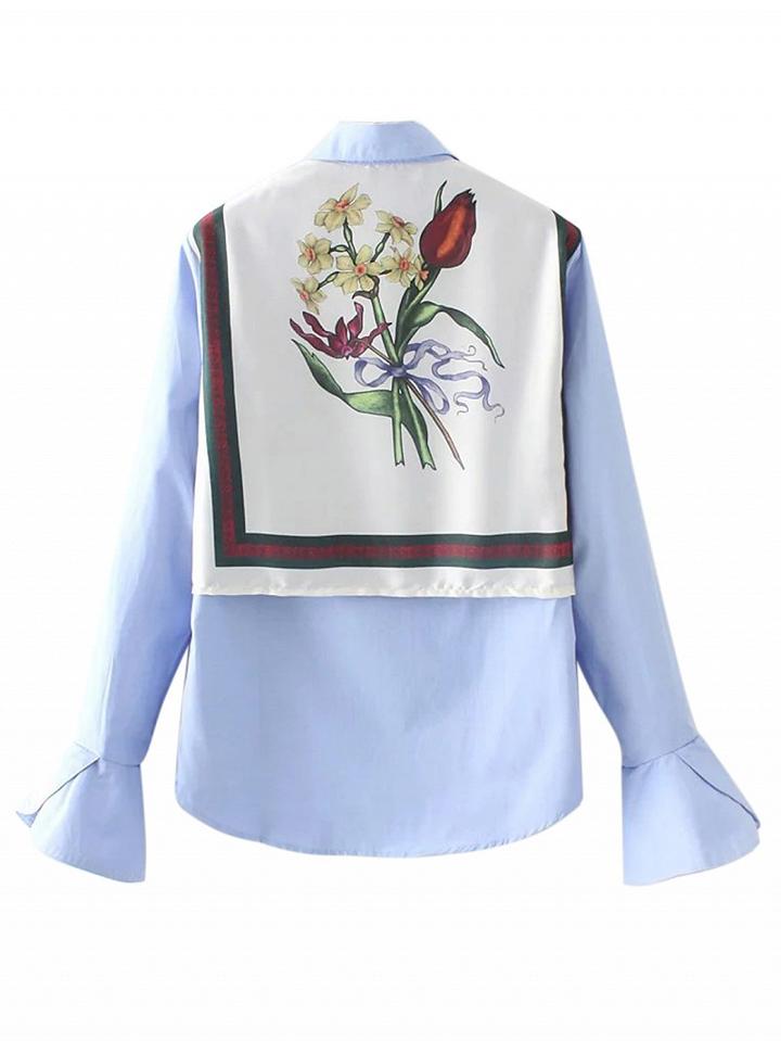 Choies Blue Floral Print Back Flared Sleeve Shirt
