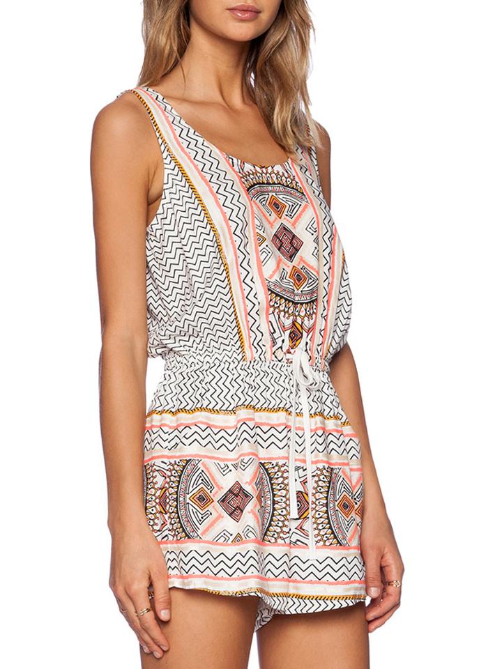 Choies White Tribe Print Drawstring Waist Romper Jumpsuit