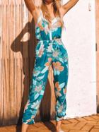 Choies Blue Spaghetti Strap V-neck Floral Print Women Jumpsuit