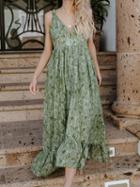 Choies Green V-neck Leaf Print Buckle Strap Chic Women Maxi Dress