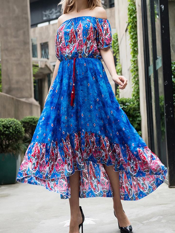 Choies Royal Blue Cotton Off Shoulder Folk Print Vintage Women Maxi Dress