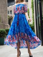 Choies Royal Blue Cotton Off Shoulder Folk Print Vintage Women Maxi Dress