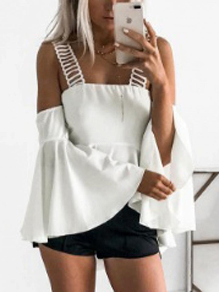 Choies White Cold Shoulder Ruffle Hem Flare Sleeve Blouse