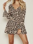 Choies Light Yellow V-neck Leopard Print Flare Sleeve Mini Dress