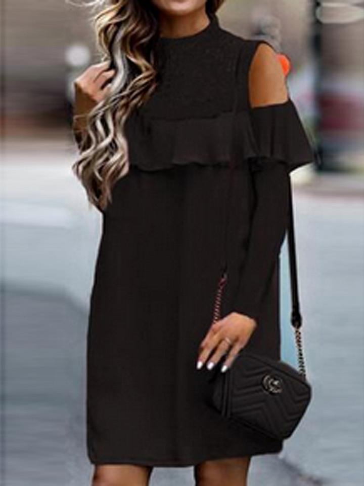 Choies Black Cold Shoulder Lace Panel Ruffle Trim Mini Dress