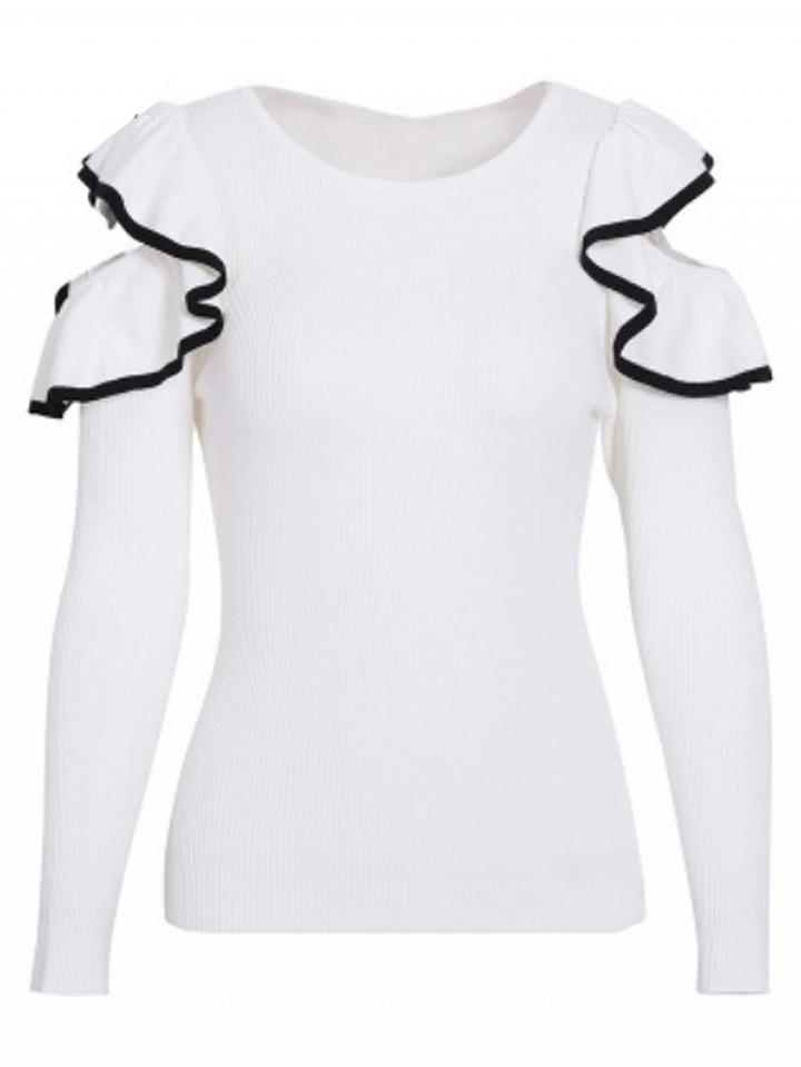 Choies White Cold Shoulder Ruffle Long Sleeve Knit Jumper