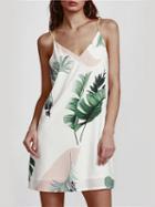 Choies White V-neck Leaf Print Open Back Cami Mini Dress