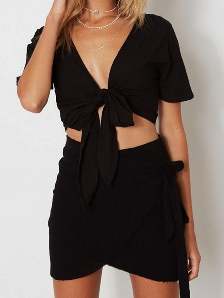 Choies Black Cotton Blend V-neck Chic Women Crop Top And High Waist Skirt