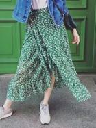 Choies Green Floral High Waist Tie Side Ruffle Trim Midi Wrap Skirt