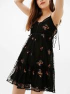 Choies Black V-neck Embroidery Tie Side Mesh Overlay  Strap Mini Dress