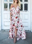 Choies White V-neck Floral Print Thigh Split Front Chic Women Cami Maxi Dress