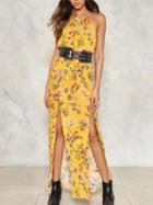 Choies Yellow Floral Spaghetti Strap Side Split Maxi Dress