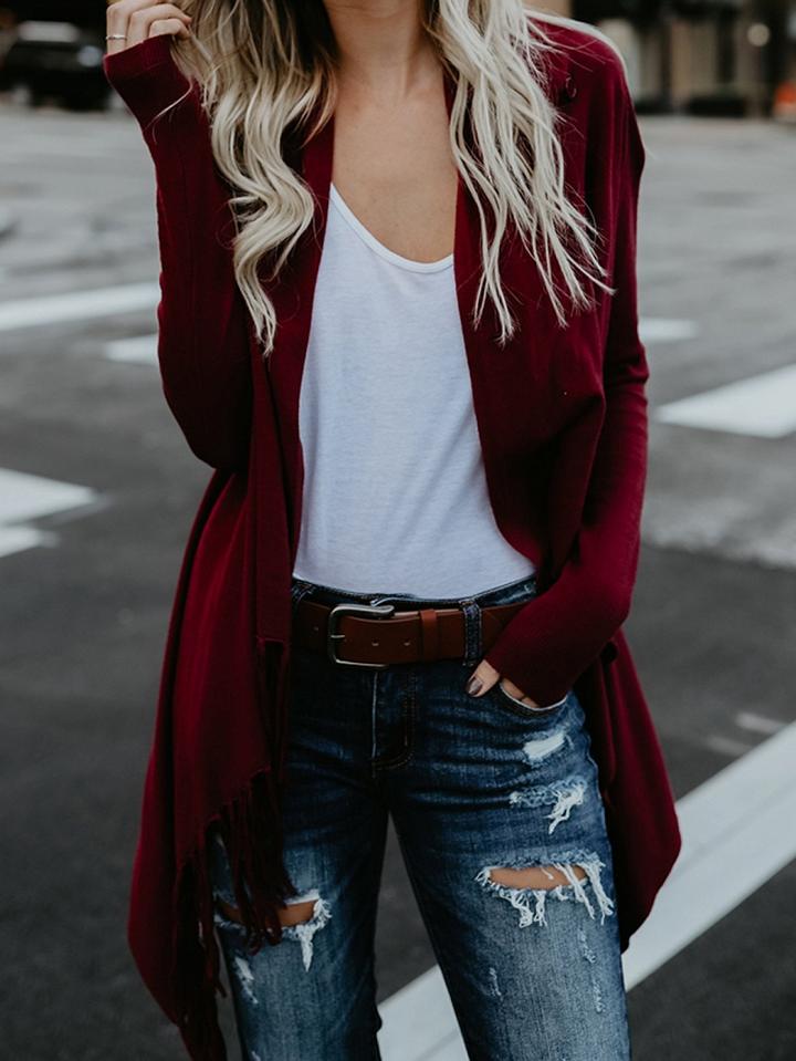Choies Red Cotton Tassel Trim Long Sleeve Chic Women Cardigan