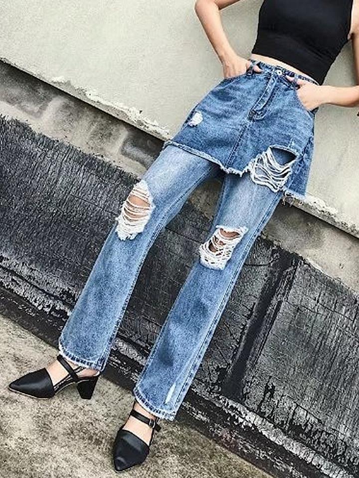 Choies Blue High Waist Ripped Detail Zip Front Jeans