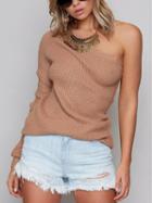 Choies Khaki One Shoulder Long Sleeve Knit Sweater