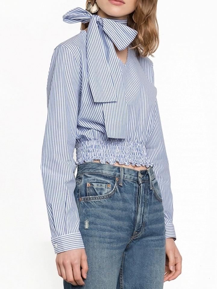 Choies Blue Stripe Bow Tie Neck Shirred Hem Long Sleeve Shirt