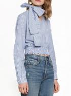 Choies Blue Stripe Bow Tie Neck Shirred Hem Long Sleeve Shirt