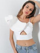 Choies White One Shoulder Ruffle Cut Out Detail Crop Top