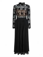 Choies Black Lace Top Long Sleeve Pleated Maxi Dress