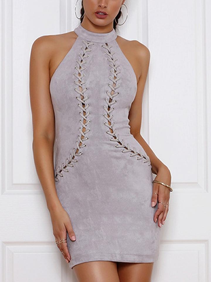 Choies Gray Faux Suede Choker Neck Lace Up Front Mini Dress