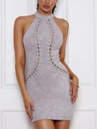 Choies Gray Faux Suede Choker Neck Lace Up Front Mini Dress
