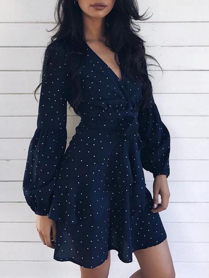 Choies Navy Blue Plunge Polka Dot Long Sleeve Mini Dress