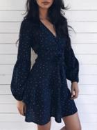 Choies Navy Blue Plunge Polka Dot Long Sleeve Mini Dress