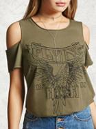 Choies Green Cold Shoulder Eagle Print Short Sleeve T-shirt