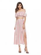 Choies Red Stripe Off Shoulder Ruffle Crop Top And Split Maxi Skirt
