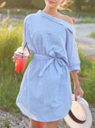 Choies Blue Off Shoulder Stripe Print Button Side Bow Waist Dress