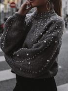 Choies Gray Beaded Embellished Long Sleeve Chic Women Knit Sweater