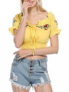 Choies Yellow Off Shoulder Embroidery Detail Ruffle Trim Crop Blouse
